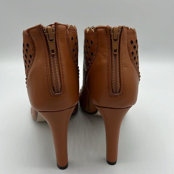 Pierre Dumas Lattice Suede Tan Ankle Heel with Peep Toe 7.5 B69 - Picture 10 of 11